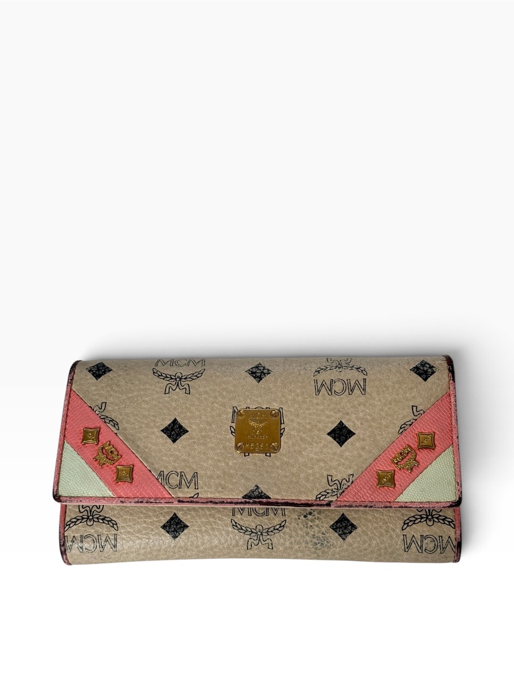 MCM Beige Monogram Wallet Pink Trim rivet details
